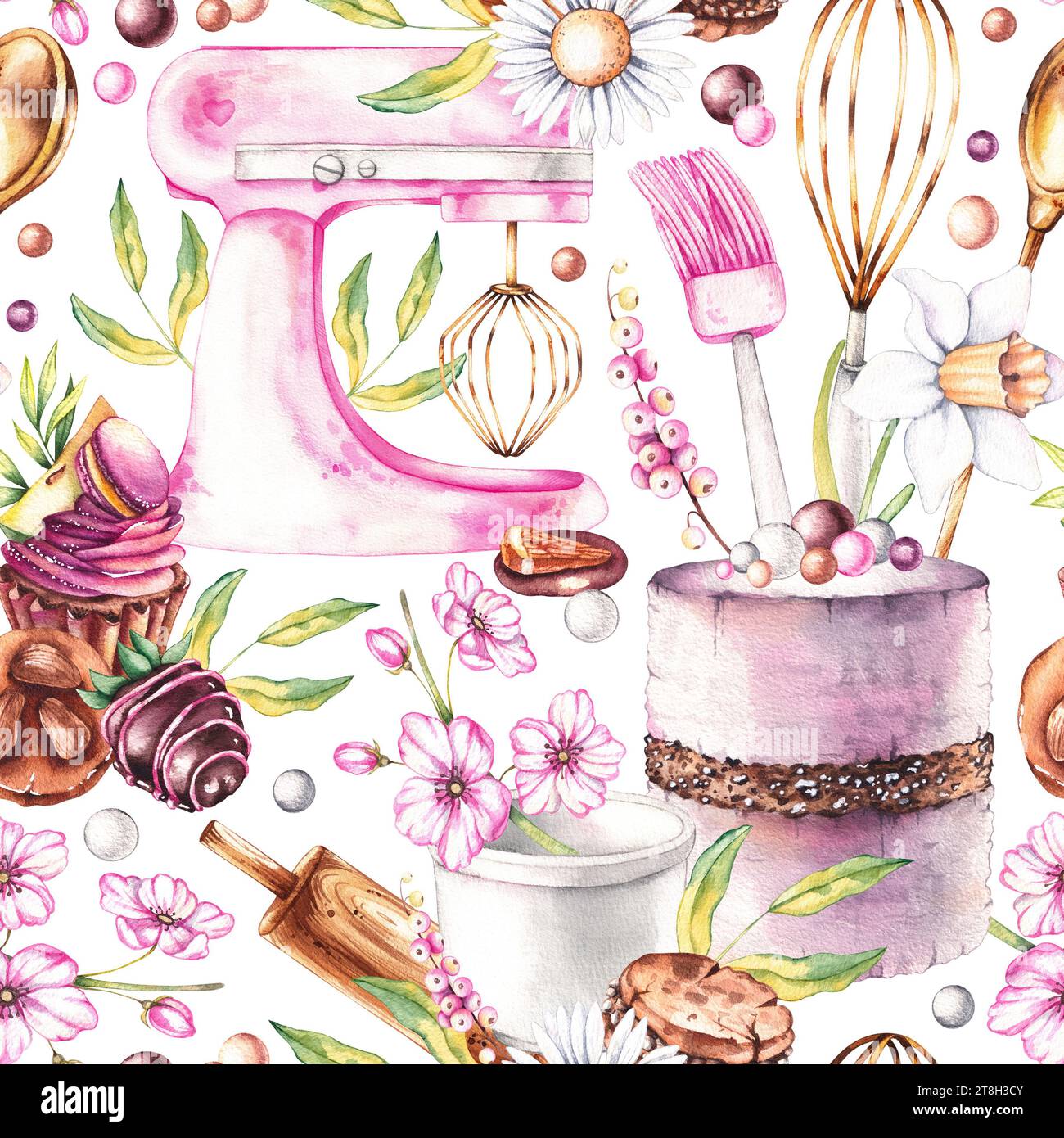 Watercolor seamless pattern with desserts, baking tools, flowers. Pattern on white for textile design, packaging, cards, invitations, menus and restau Stock Photo