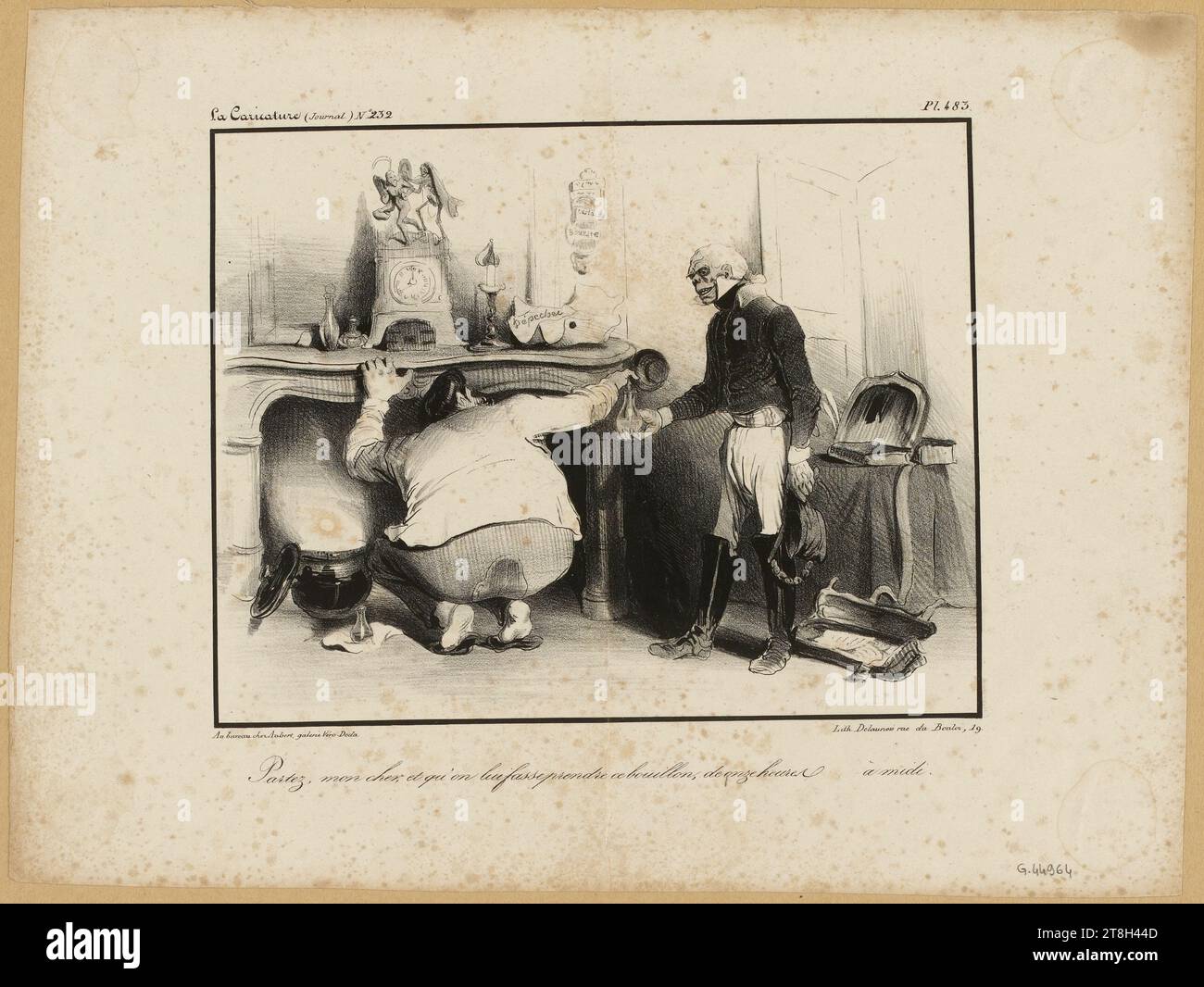 Pl. 483, La caricature (journal) n°232, Go, my dear, and let him take this broth, from eleven o'clock to noon, Draftsman-lithographer, Delaunois, Nicolas Louis, Printer-lithographer, Aubert, Publisher, Around 1830, Print, Graphic Arts, Print, Lithography, Dimensions - Work: Height: 27.4 cm, Width: 36 cm, Dimensions - Mounting:, Height: 50 cm, Width: 32.5 cm Stock Photo