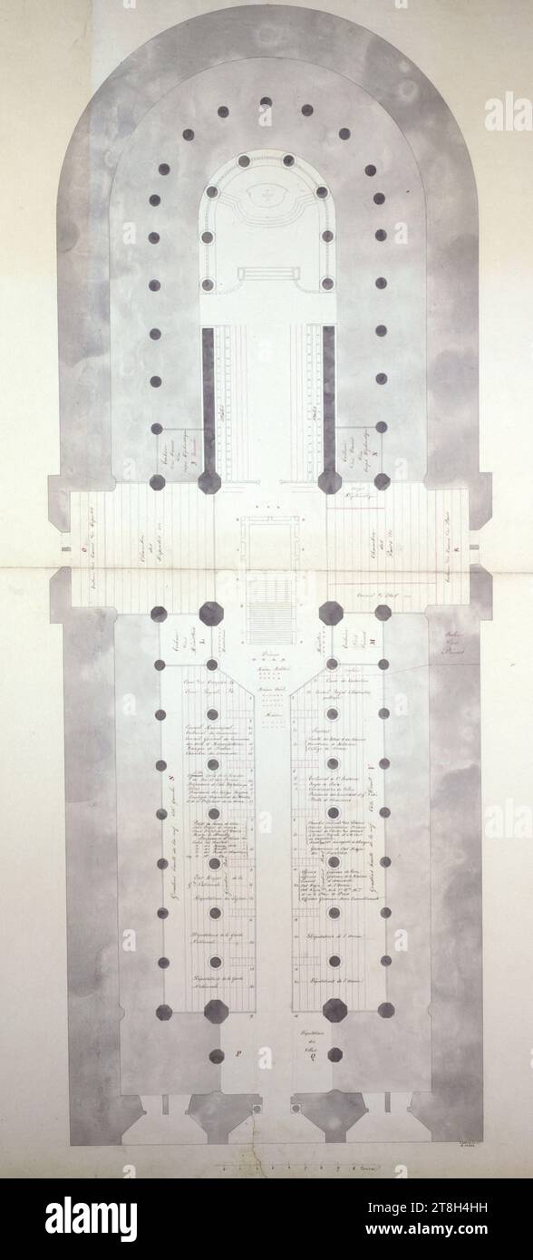 Layout plan of Notre-Dame cathedral for the funeral of the Duke of Orléans in 1842, Draftsman, After 13-7-1842, 19th century, Graphic arts, Drawing, Drawing, Architectural drawing, Dimensions - Work: Height: 43.2 cm, Width: 27.2 cm Stock Photo