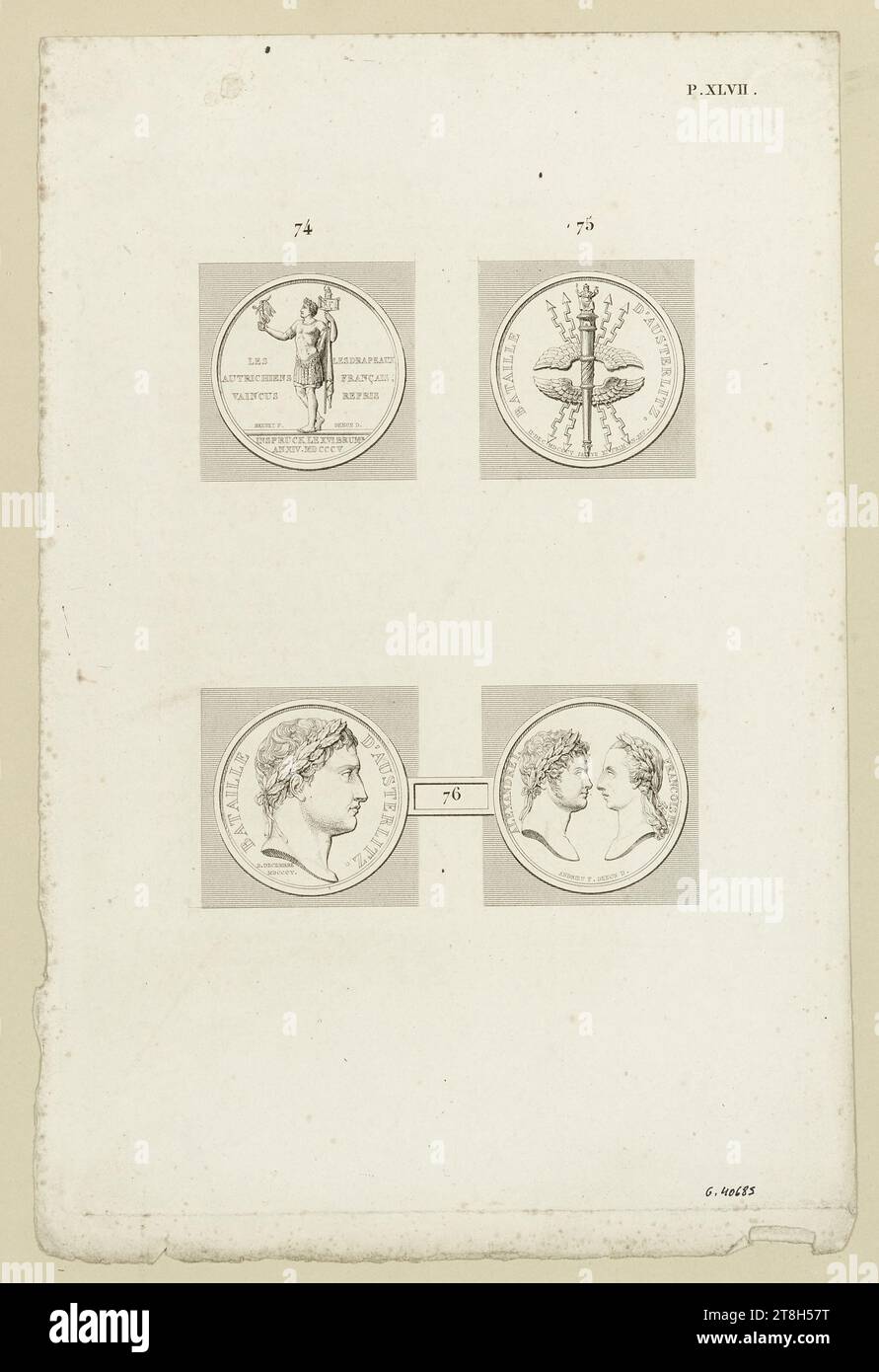 Plate of medals, numbered 74 to 76, relating to the victory of Austerlitz, Engraver, Print, Graphic arts, Print, Etching, Dimensions - Work: Height: 25.2 cm, Width: 16.6 cm, Dimensions - Mounting:, Height: 50.3 cm, Width: 32.6 cm Stock Photo