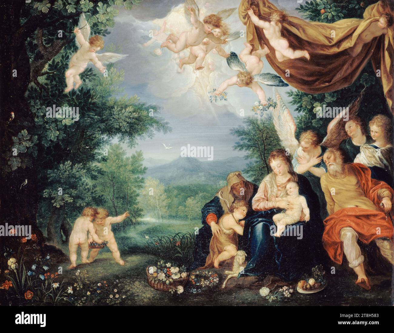 The Rest of the Holy Family during the Flight into Egypt, Painter, Brueghel, Jan (known as Brueghel de Velours or the Elder), Model's author, Rottenhammer, Johann, Model's author, Array, 16th-17th century, Painting, Table, Oil painting, Copper, Antwerp (Antwerpen), Dimensions - Work: Height: 26. 8 cm, Width: 34.5 cm, Dimensions - Frame:, Height: 45.5 cm, Width: 53.4 cm, Depth: 8 cm Stock Photo