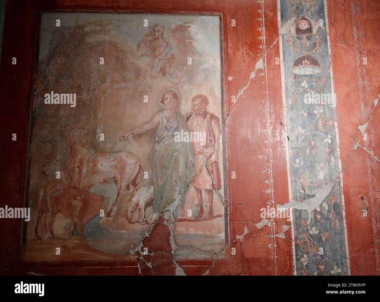 V.15 Herculaneum. October 2019. West wall of tablinum, with central painting of Daedalus and Pasiphae.. Stock Photo