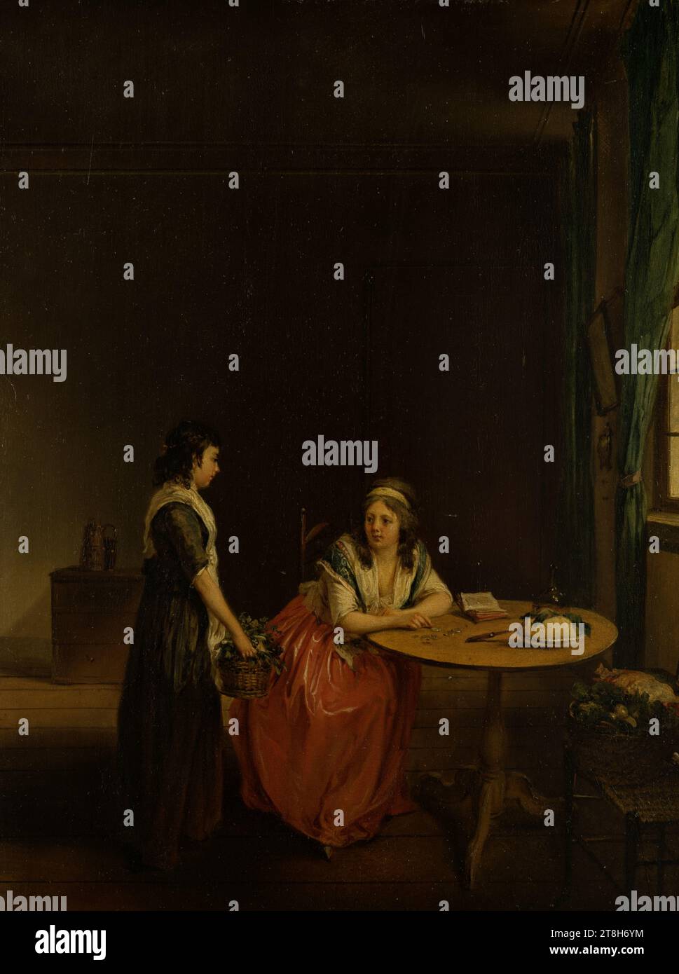 GEORG KARL HOLIDAY, A housewife settles accounts with her maid, 1798, dimensions, 34.6 x 26.9 x min. 0.4 cm, depth max, 1.0 cm, oil on panel, A housewife settles accounts with her maid, painter, GEORG KARL HOLIDAY, 18TH CENTURY, BAROQUE, PAINTING, oil on wood, WOOD, OIL, inscribed lower left: G: CV[ligated]holiday. P: Ao. 1798 Stock Photo