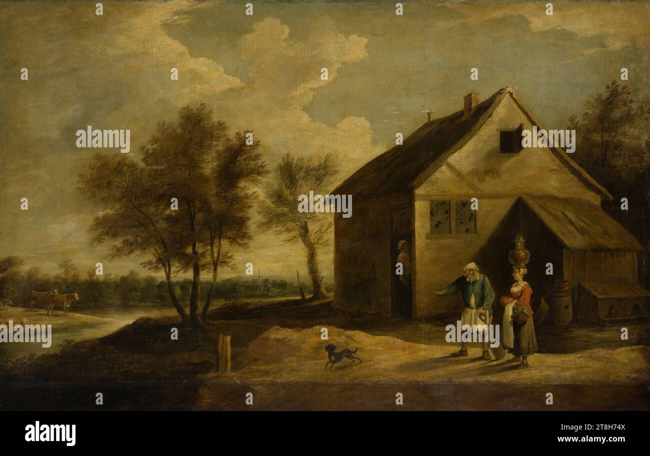 DAVID TENIERS D. J. School, landscape with farmers in front of their homestead, with attachment, 114.0 x 169.0 cm, original canvas, 94.0 x 161.0 cm, oil on canvas, landscape with farmers in front of their homestead, painter, DAVID TENIERS D. J. School, 17TH CENTURY, BAROQUE, PAINTING, oil on canvas, CANVAS, OIL, Inscribed on the right on the feeding trough next to the stable: D. Teniers. F Stock Photo