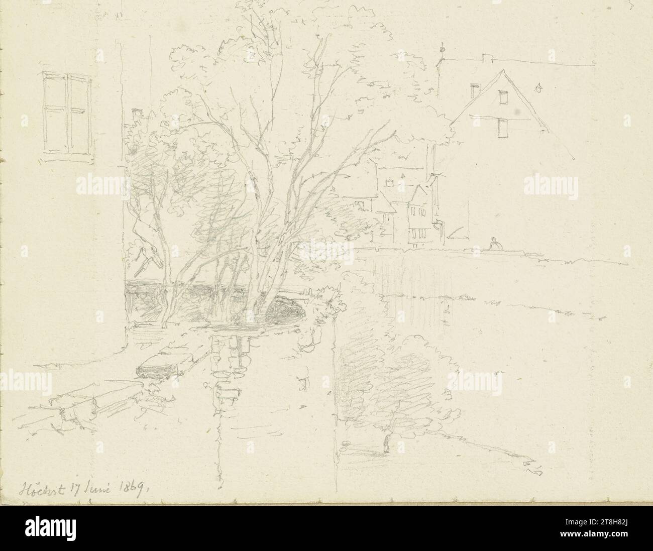 CARL THEODOR REIFFENSTEIN, weir system in Höchst, June 17, 1869, sheet, 93 x 120 mm, pencil on paper, weir system in Höchst, CARL THEODOR REIFFENSTEIN, page, adhesive tapes, volume 29, page 4, part number / total, 1 / 3, FRANKFURT-HÖCHST, 19TH CENTURY, DRAWING, pencil on paper, GRAPHITE-CLAY MIXTURE, PAPER, PENCIL DRAWING, GERMAN, ARCHITECTURAL STUDY, TRAVEL STUDY, Dated and inscribed lower left, in pencil, Höchst 17 June 1869., Numbered on the page above the drawing, with pen in black Stock Photo