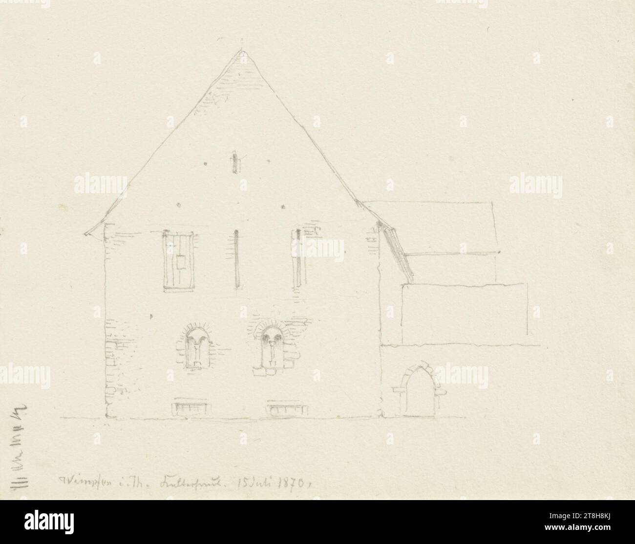 CARL THEODOR REIFFENSTEIN, wine press house in Wimpfen, July 15, 1870, sheet, 98 x 123 mm, pencil on paper, wine press house in Wimpfen, CARL THEODOR REIFFENSTEIN, page, adhesive tapes, volume 30, page 2, part number / total, 2 / 2, BAD WIMPFEN, 19TH CENTURY, DRAWING, pencil on paper, GRAPHITE-CLAY MIXTURE, PAPER, PENCIL DRAWING, GERMAN, ARCHITECTURAL STUDY, TRAVEL STUDY, SKETCH, Dated and inscribed lower left, in pencil, Wimpfen i. Th. Kelterhaus. July 15, 1870., Numbered on the page above the drawing, in black pen Stock Photo