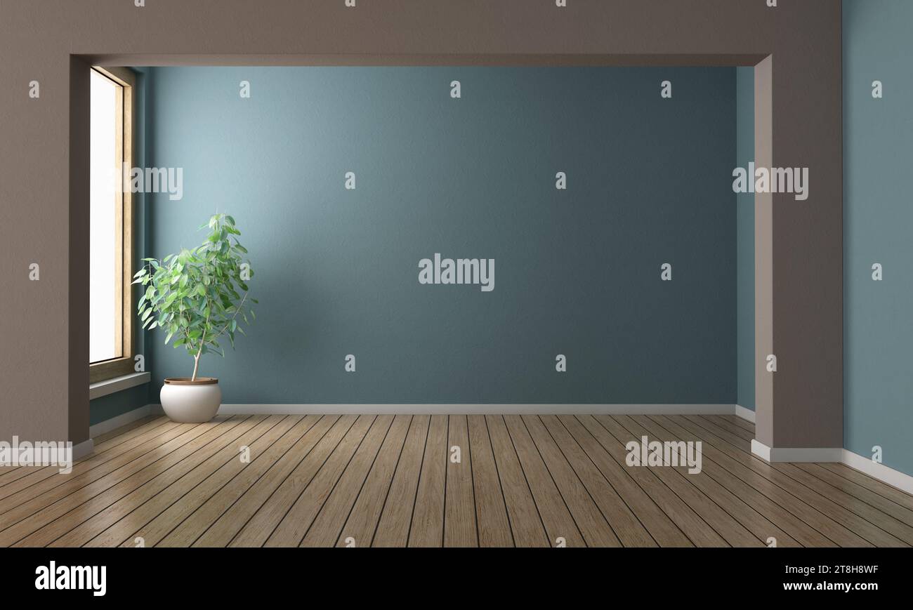 Empty room with brown and blue wall, houseplant and window - 3d rendering Stock Photo