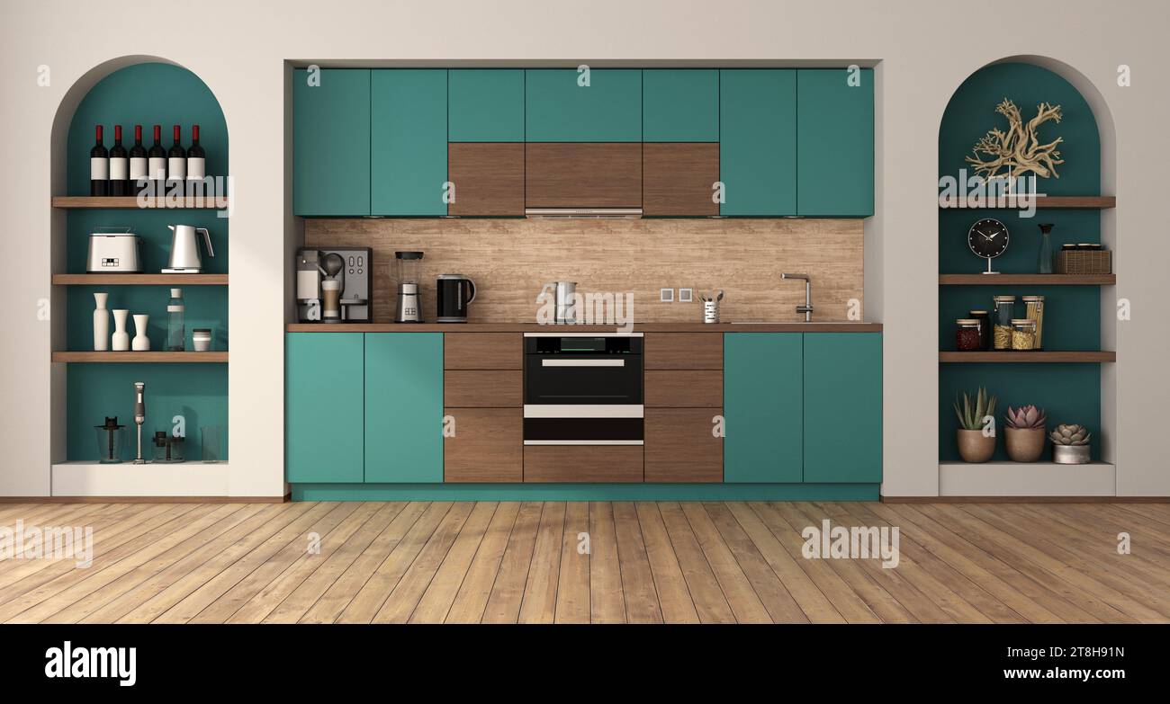 Modern green and wooden kitchen with two niches with household objects and hardwood floor - 3d rendering Stock Photo