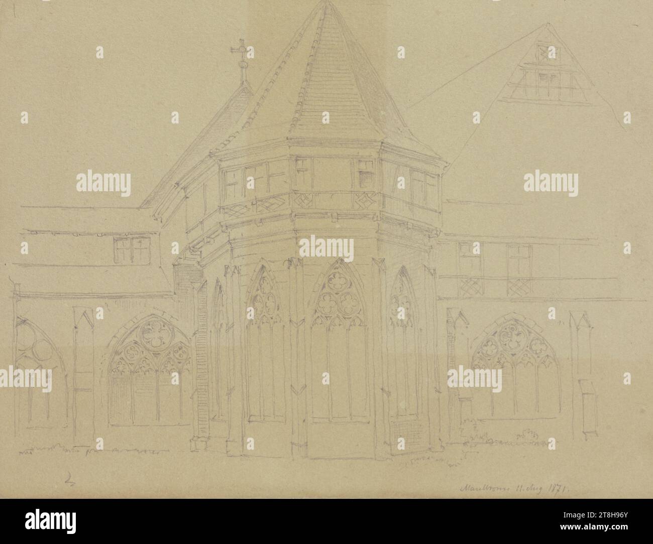 CARL THEODOR REIFFENSTEIN, fountain chapel in the cloister of the Maulbronn monastery, August 11, 1871, sheet, 118 x 156 mm, pencil on paper, fountain chapel in the cloister of the Maulbronn monastery, CARL THEODOR REIFFENSTEIN, page, adhesive tapes, volume 30, page 49, part number / overall, 3 / 3, MAULBRONN MONASTERY, 19TH CENTURY, DRAWING, pencil on paper, GRAPHITE-CLAY MIXTURE, PAPER, PENCIL DRAWING, GERMAN, ARCHITECTURAL STUDY, TRAVEL STUDY, Dated and inscribed lower right, in pencil, Maulbronn Aug 11, 1871 ., Numbered on the page below the drawing, in pencil, 3 Stock Photo