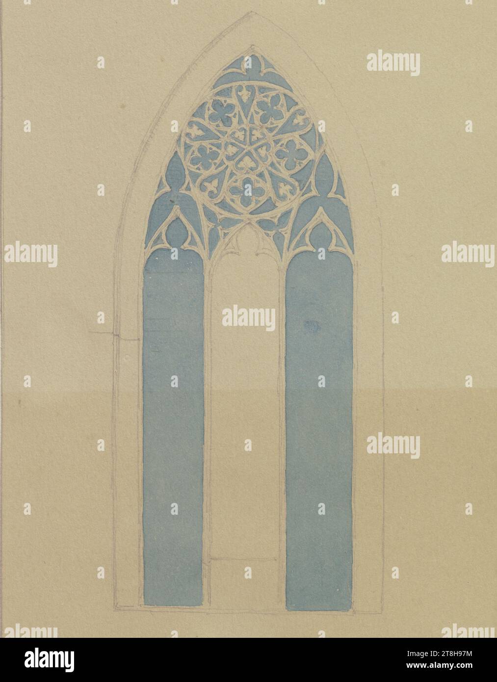 CARL THEODOR REIFFENSTEIN, tracery window of the fountain chapel of the Maulbronn monastery, August 12, 1871, sheet, 152 x 115 mm, pencil, watercolored, on paper, tracery window of the fountain chapel of the Maulbronn monastery, CARL THEODOR REIFFENSTEIN, page, adhesive tapes, volume 30, page 49, part number / total, 1 / 3, MAULBRONN MONASTERY, 19TH CENTURY, DRAWING, pencil, watercolored, on paper, GRAPHITE-CLAY MIXTURE, WATERCOLOR, PAPER, PENCIL DRAWING, WATERCOLOR, GERMAN, ARCHITECTURAL STUDY, TRACING, TRAVEL STUDY, Dated lower left, in pencil, Aug 12, 1871.; Inscribed lower right Stock Photo
