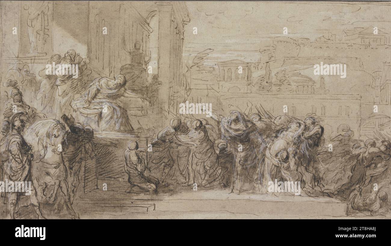 GABRIEL FRANÇOIS DOYEN, The Death of Virginia, ca. 1757 - 1759, sheet, 180 x 314 mm, brown pen, brown wash, heightened with white, on paper, old mounted, The Death of Virginia, GABRIEL FRANÇOIS DOYEN, 18th CENTURY, CLASSICISM, DRAWING, brown pen, brown wash, white heightening, on paper, old mounted, INK?, INK?, OPERATION COLOR, PAPER, PEN DRAWING, WASH, WHITE Elevation, FRENCH, PICTURE DRAWING, FIGURE STUDY, COMPOSITION STUDY, MOVEMENT STUDY, ENT THROW FOR A PAINTING, Signed lower right, in brown pen, Doyen, Inscribed below the image on the mounting sheet in the middle, in pencil Stock Photo