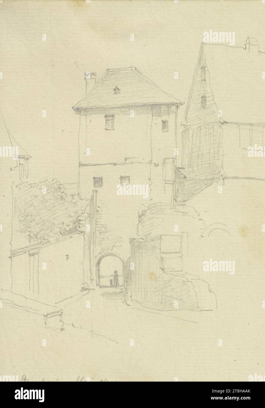 CARL THEODOR REIFFENSTEIN, The Main Gate in Steinheim, July 7, 1874, sheet, 132 x 94 mm, pencil on vergé paper, The Main Gate in Steinheim, CARL THEODOR REIFFENSTEIN, page, adhesive tapes, volume 32, page 1, part number / total, 1 / 4, HANAU-STEINHEIM AM MAIN, 19TH CENTURY, DRAWING, pencil on vergé paper, GRAPHITE-CLAY MIXTURE, VERGET PAPER, PENCIL DRAWING, GERMAN, ARCHITECTURAL STUDY, TRAVEL STUDY, Dated and inscribed lower right, in pencil, Steinheim. Mainthor. / July 7, 1874., Numbered on the page above the drawing, in black pen Stock Photo