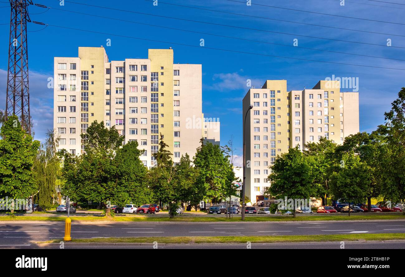 Warsaw, Poland - May 28, 2021: Communist large scale residential buildings at KEN and Ciszewskiego street in Stoklosy quarter of Ursynow district Stock Photo