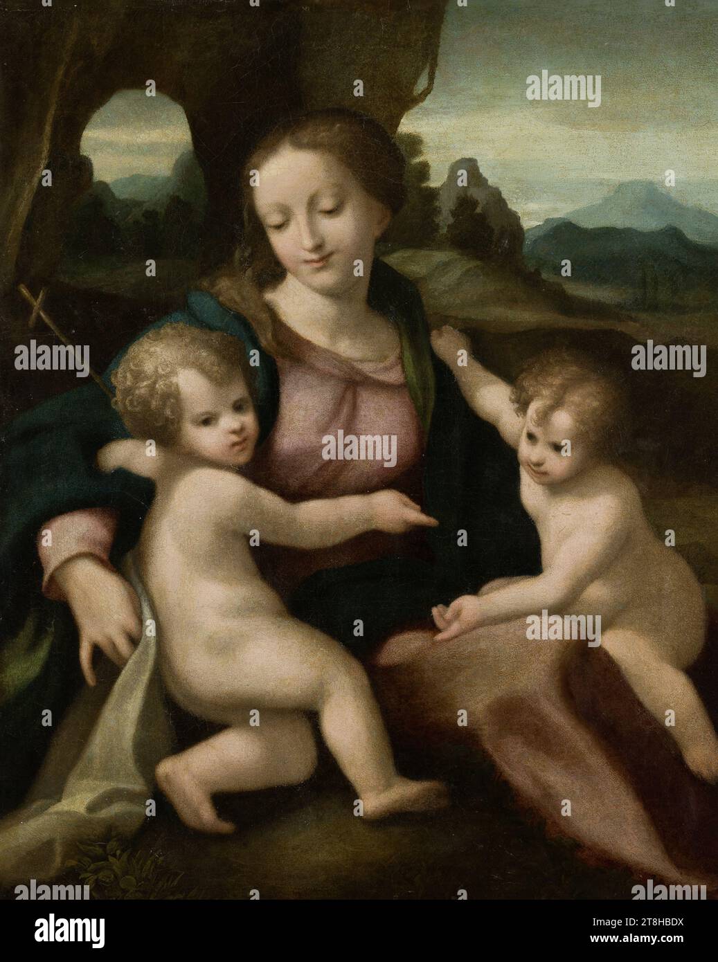 CORREGGIO, Madonna with child and boy St. John, approx. 1522 - 1523, dimensions, 90.5 x 72.2 cm, oil on canvas, Madonna with child and boy St. John, painter, CORREGGIO, 16TH CENTURY, RENAISSANCE, PAINTING, oil on canvas, CANVAS, OIL Stock Photo