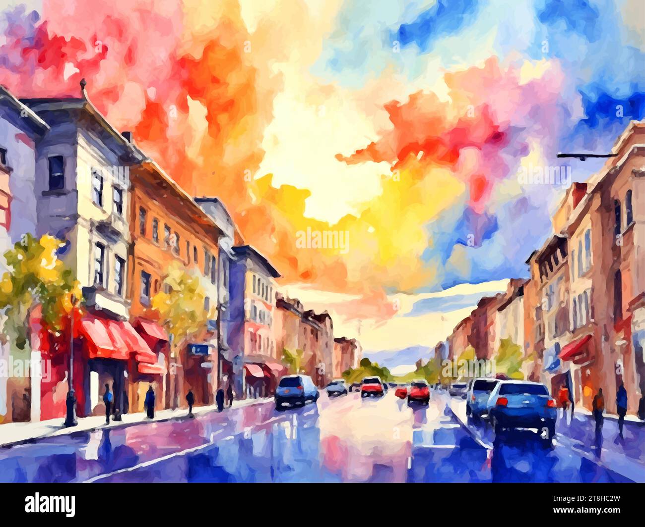 'A vibrant painting capturing the energy of urban life.' Stock Vector