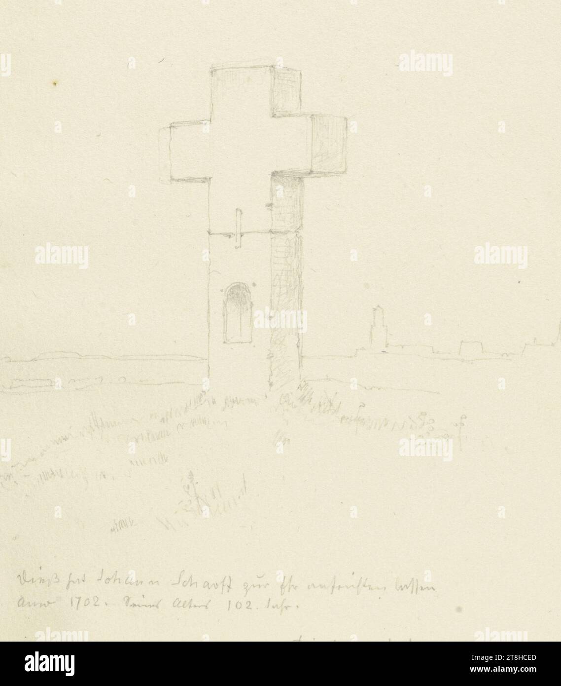 CARL THEODOR REIFFENSTEIN, Stone corridor cross near Friedberg, July 12, 1879, sheet, 151 x 117 mm, pencil on paper, Stone corridor cross near Friedberg, CARL THEODOR REIFFENSTEIN, page, adhesive tapes, volume 36, page 9, part number / total, 2 / 2, FRIEDBERG, HESSEN, circle, 19th CENTURY, DRAWING, pencil on paper, GRAPHITE-CLAY MIXTURE, PAPER, PENCIL DRAWING, GERMAN, STUDY AFTER A SCULPTURAL WORK, LANDSCAPE STUDY, TRAVEL STUDY, Dated and inscribed lower right, in pencil, Friedberg July 12, 1879; Inscribed lower left: Johann Scharff had this erected in honor / Anno 1702. 102nd year of his age Stock Photo
