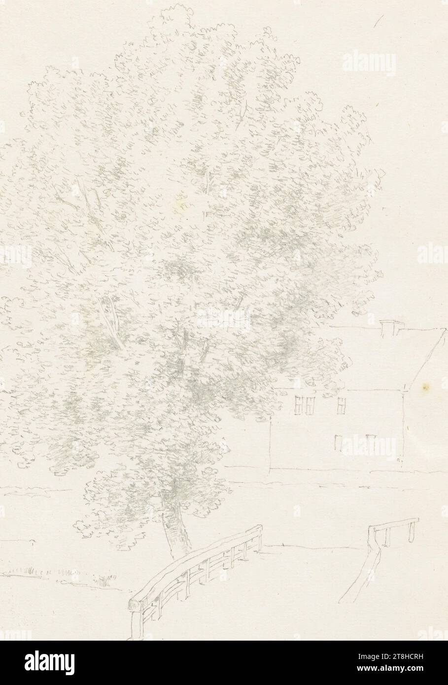 CARL THEODOR REIFFENSTEIN, tree next to a bridge, August 3, 1880, sheet, 132 x 94 mm, pencil on paper, tree next to a bridge, CARL THEODOR REIFFENSTEIN, page, adhesive tapes, volume 36, page 49, part number / total, 2 / 3, BAD SALZSCHLIRFUmkreis, 19TH CENTURY, DRAWING, pencil on paper, GRAPHITE-CLAY MIXTURE, PAPER, PENCIL DRAWING, GERMAN, TREE STUDY, ARCHITECTURAL STUDY, TRAVEL STUDY, STUDY, Dated and inscribed lower right, in pencil, Salzschlirf 3 Aug 1880., Numbered on the page above the drawing, with pen in black Stock Photo