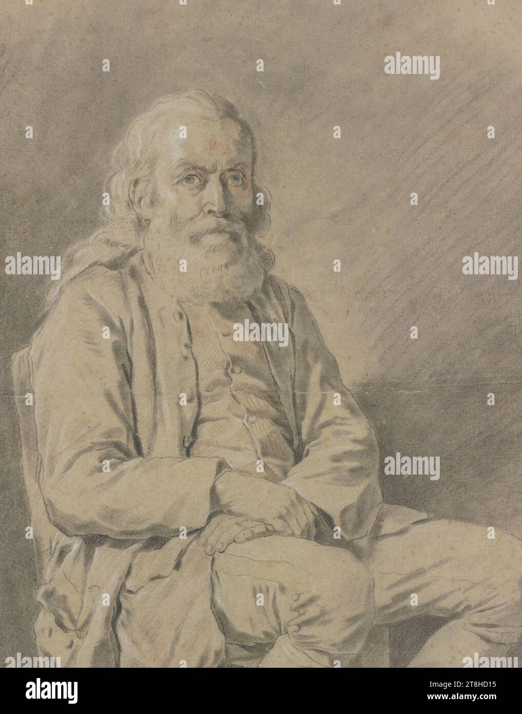 NICOLAS-BERNARD LÉPICIÉ, portrait of a seated old man, ca. 1774, sheet, 419 x 335 mm, black and red chalk, gray wash, heightened with white, chalk, on handmade paper, portrait of a seated old man, NICOLAS-BERNARD LÉPICIÉ, 18TH CENTURY, CLASSICISM, DRAWING, black and red chalk, gray wash, white heightening, chalk, on handmade paper, CHALK, INK?, INK?, HAND PAPER, CHALK DRAWING, WASH, WHITE HEIGHTENING, FRENCH, PICTURE DRAWING, PORTRAIT STUDY Stock Photo