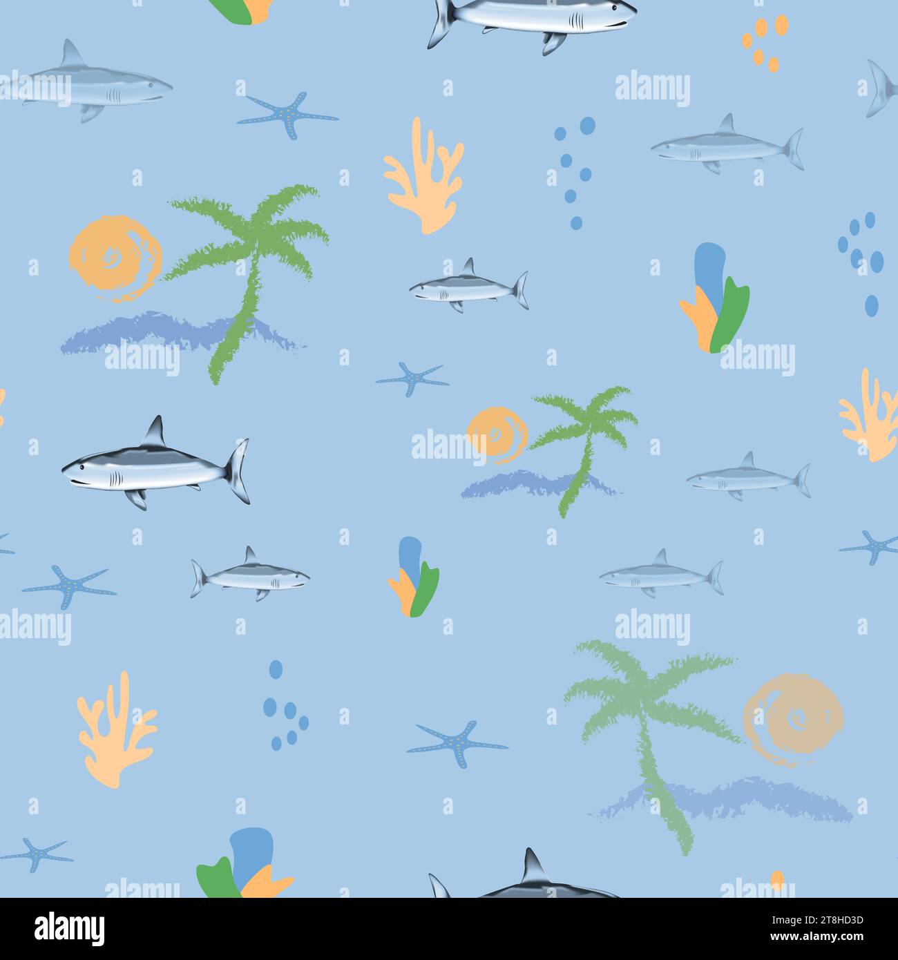 sharks swimming under palm trees seamless pattern without background Stock Vector