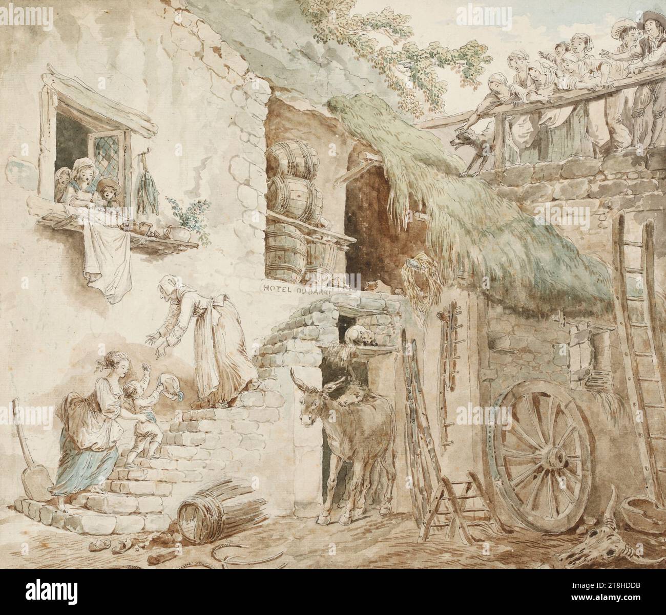 HUBERT ROBERT, Allégorie de la chute de la famille du Barry, ca. 1774, sheet, 348 x 300 mm, pen in gray-brown and watercolor over chalk, traces, on handmade paper, old mounted, Allégorie de la chute de la famille du Barry, original title, Allegory of the decline of the Du Barry family, HUBERT ROBERT, 18TH CENTURY, ROCOCO EARLY CLASSICISM, DRAWING, pen in gray-brown and watercolor over chalk, traces, on handmade paper, old mounted, INK?, INK?, WATERCOLOR, CHALK, HANDMADE PAPER, PEN DRAWING, WATERCOLOR, BRUSH DRAWING, CHALK DRAWING, FRENCH, PICTURE DRAWING, AUTONOMOUS DRAWING, Signed lower Stock Photo