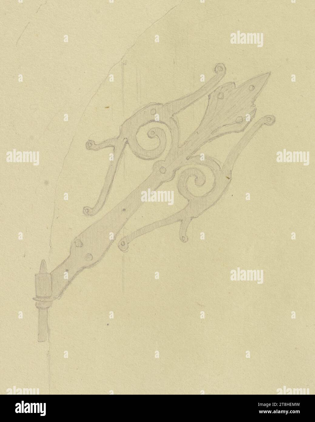 CARL THEODOR REIFFENSTEIN, door hinge in Boppard, July 17, 1885, sheet, 117 x 93 mm, pencil, yellow-brown and blue-gray wash, on paper, door hinge in Boppard, CARL THEODOR REIFFENSTEIN, page, adhesive tapes, volume 40, page 49, part number / overall, 3 / 3, BOPPARD, 19TH CENTURY, DRAWING, pencil, yellow-brown and blue-gray wash, on paper, GRAPHITE-CLAY MIXTURE, INK?, WASH?, PAPER, PENCIL DRAWING, WASH, GERMAN, ARCHITECTURAL STUDY, STUDY AFTER A CRAFT, TRAVEL STUDY, Dated and inscribed lower right, in pencil, Boppard July 17, 1885., Numbered on the page below the drawing, in black pen Stock Photo