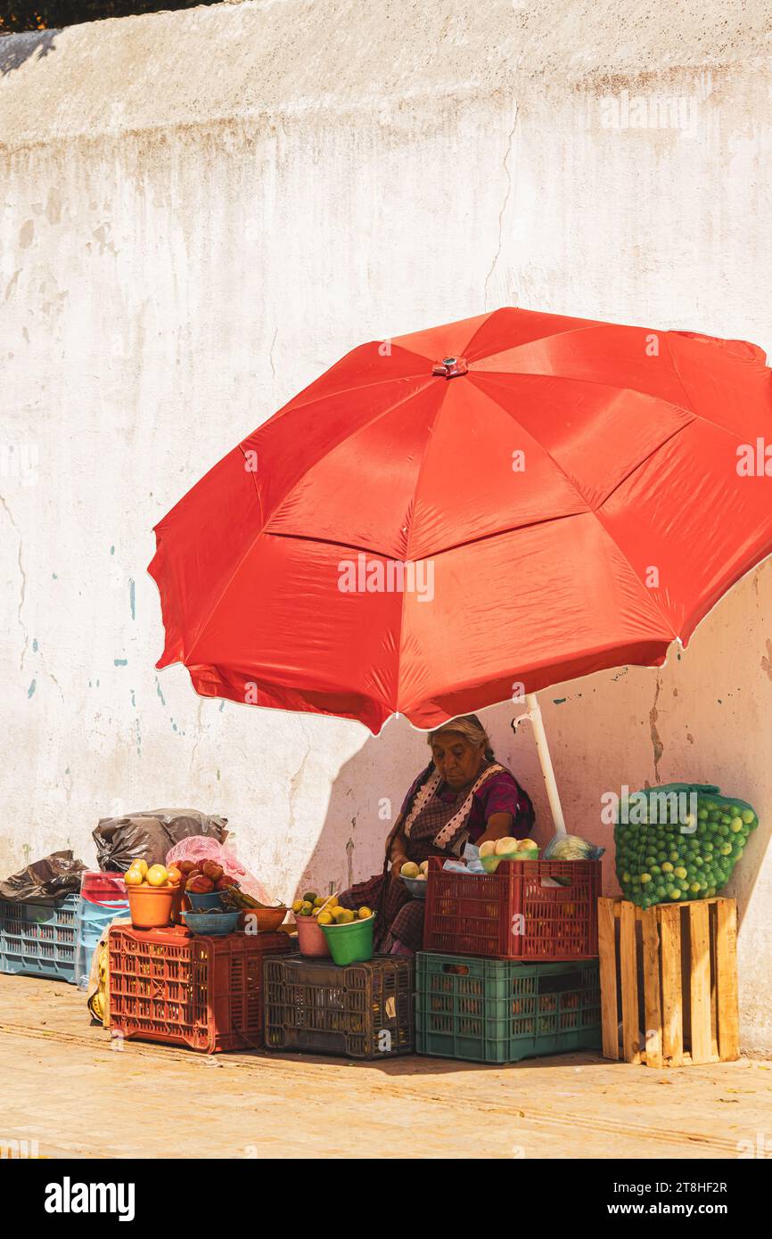 Mexico, Tehuacan, market scene, parasol, fruit stand 2022 Stock Photo