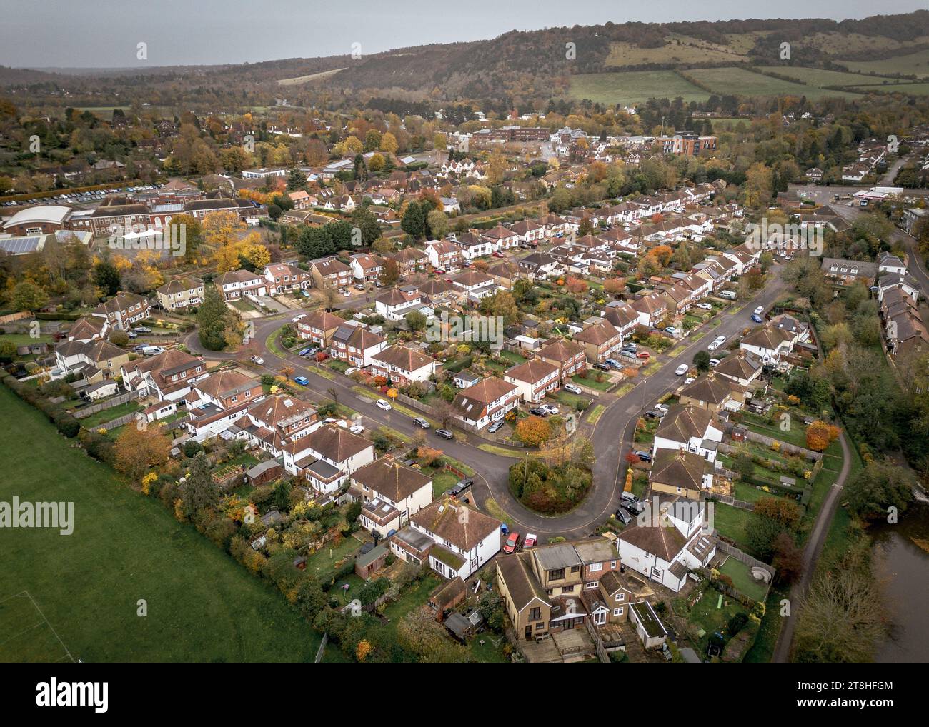 Dorking, Surrey, UK Aerial view of houses in Rothes Road next to Meadowbank park Stock Photo