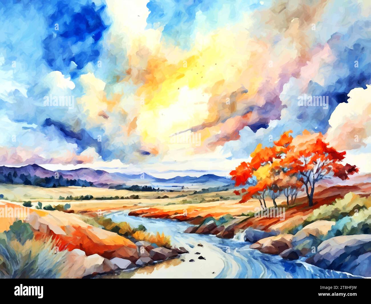 'An artistic masterpiece depicting mountains, rivers, forests, and trees – nature at its finest.' Stock Vector