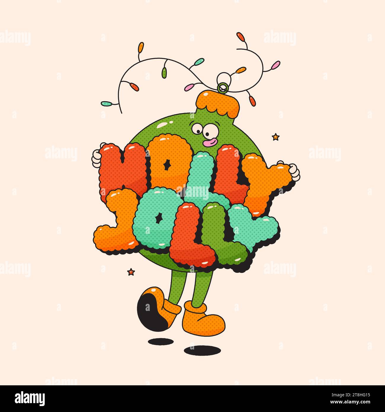 Christmas groovy mascot ball character with letters Holly Jolly and garland. Stock Vector