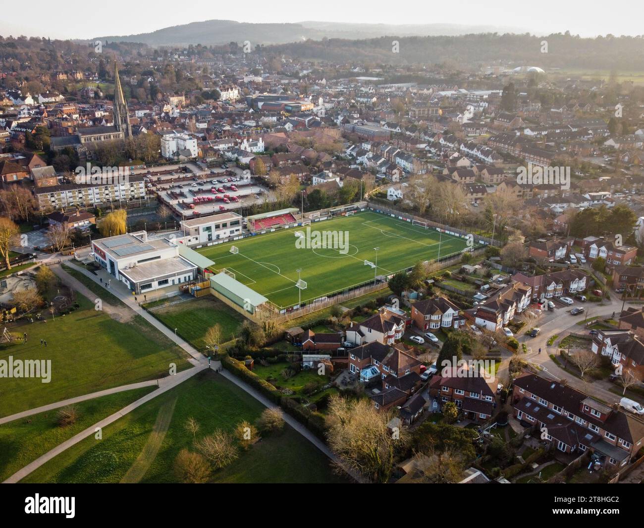 Dorking, Surrey, UK- Aerial view of Dorking Wanderers FC stadium Stock ...