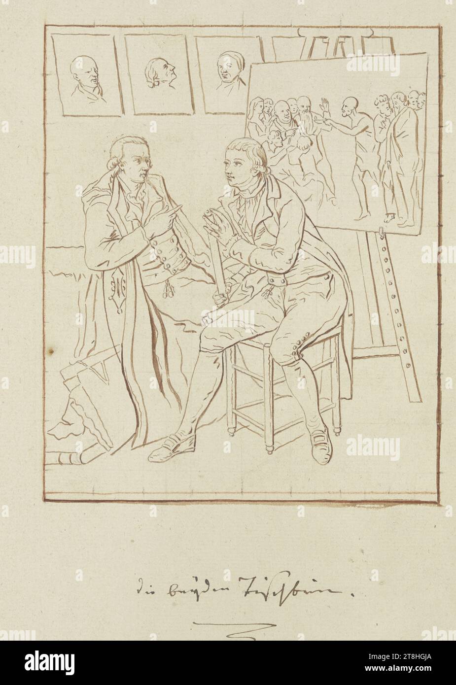 JOHANN HEINRICH WILHELM TISCHBEIN, 'One painted the other.' The artist with his brother Heinrich Jacob Tischbein in the studio, sheet, 284 x 208 mm, representation, 145 x 120 mm, pen in brown over red chalk and graphite pencil, squared with graphite pencil, border line in brown on all sides, on ribbed handmade paper, 'One the other painted.' The artist with his brother Heinrich Jacob Tischbein in the studio, JOHANN HEINRICH WILHELM TISCHBEIN, 18TH CENTURY, LATE BAROQUE CLASSICISM, DRAWING, brown pen over red chalk and graphite pencil, squared with graphite pencil, border line in brown on all Stock Photo
