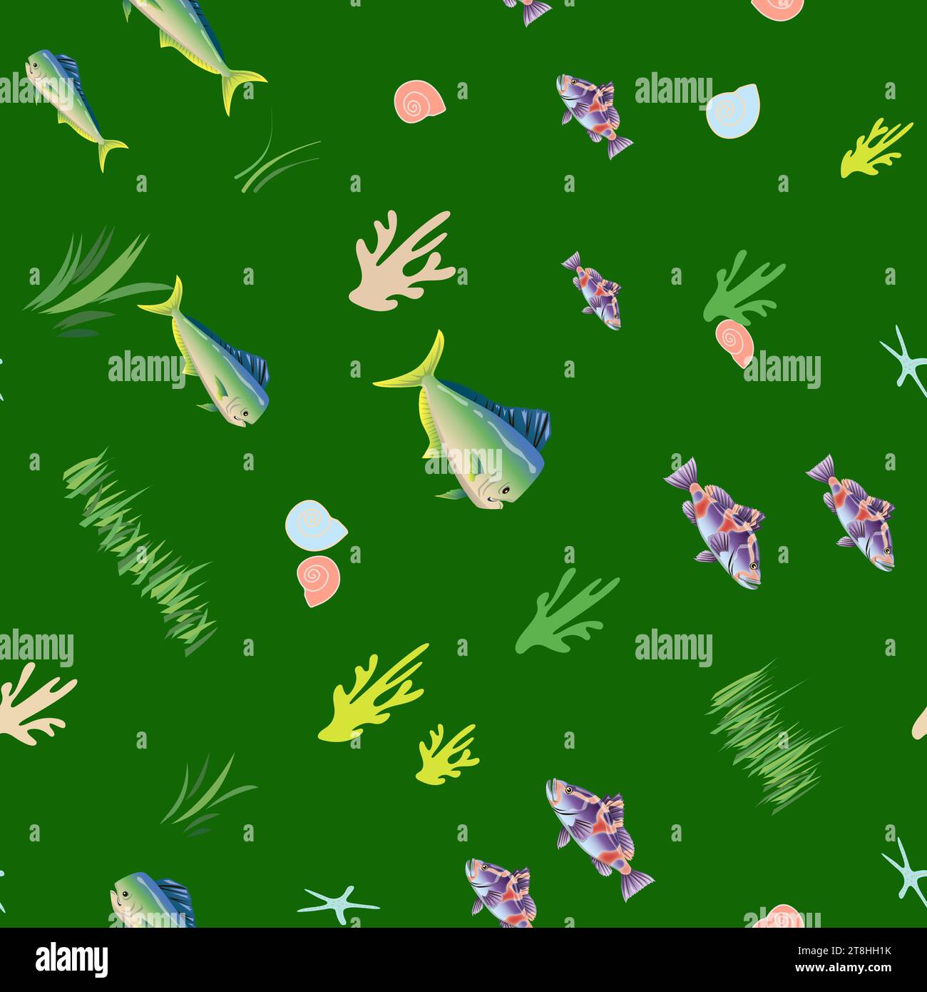 colorful seashells and sea fish seamless pattern without background Stock Vector