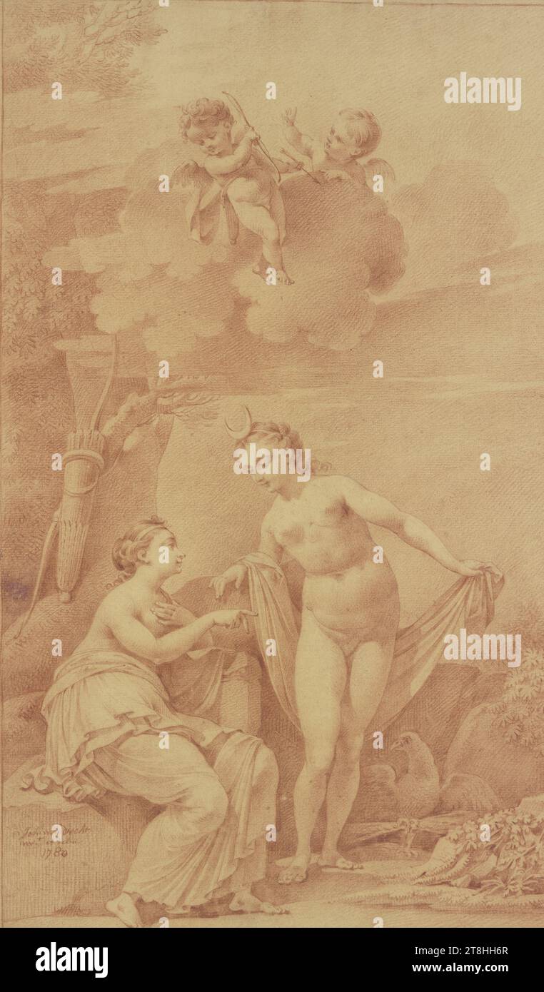 JOANNES VAN DREGHT, Jupiter, in the form of Diana, approaches Callisto, 1780, sheet, 521 x 310 mm, red chalk, border line with red chalk on all sides, on beige vergé paper, Jupiter, in the form of Diana, approaches Callisto, JOANNES VAN DREGHT, 18TH CENTURY, CLASSICISM, DRAWING, red chalk, border line with red chalk on all sides, on beige vergé paper, RED WHITE, VERGÉ PAPER, RED WHITE DRAWING, DUTCH, PICTURE-SIZED DRAWING, DESIGN FOR A PRINT?, Signed, dated and inscribed in the illustration at the bottom left on the stone, with red chalk, Johannes Drecht / inv et delin / 1780, verso Stock Photo