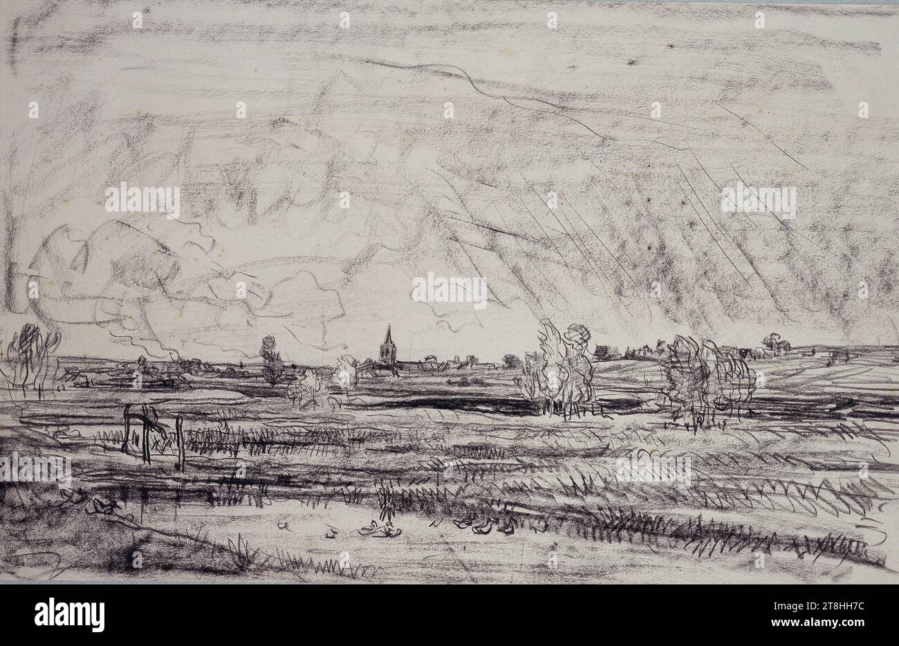 Attributed to CHARLES FRANÇOIS DAUBIGNY, Flat landscape with a church tower in rainy weather, 1860 - 1878, sheet, 280 x 440 mm, charcoal and black chalk on vellum paper, Flat landscape with a church tower in rainy weather, attributed to CHARLES FRANÇOIS DAUBIGNY, 19TH CENTURY, DRAWING, charcoal and black chalk on vellum paper, CHARCOAL, CHALK, VELVET PAPER, CHARCOAL DRAWING, CHALK DRAWING, FRENCH, LANDSCAPE STUDY Stock Photo