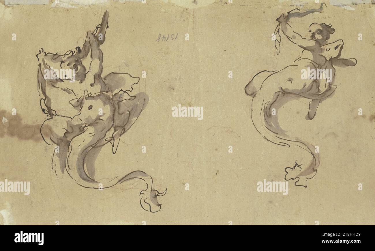 GASPARE DIZIANI, Two putti with fish tails, sheet, 201 x 314 mm, brown pen over red chalk, grey-brown wash, on brownish handmade paper, Two putti with fish tails, GASPARE DIZIANI, playing putti, part number / total, 24 / 126, 18th CENTURY, BAROQUE, DRAWING, brown pen over red chalk, grey-brown wash, on brownish handmade paper, INK?, INK?, RED WHITE, BUILD PAPER, PEN DRAWING, WASH, RED WHITE DRAWING, VENETIAN, FIGURE STUDY, MOVEMENT STUDY Stock Photo
