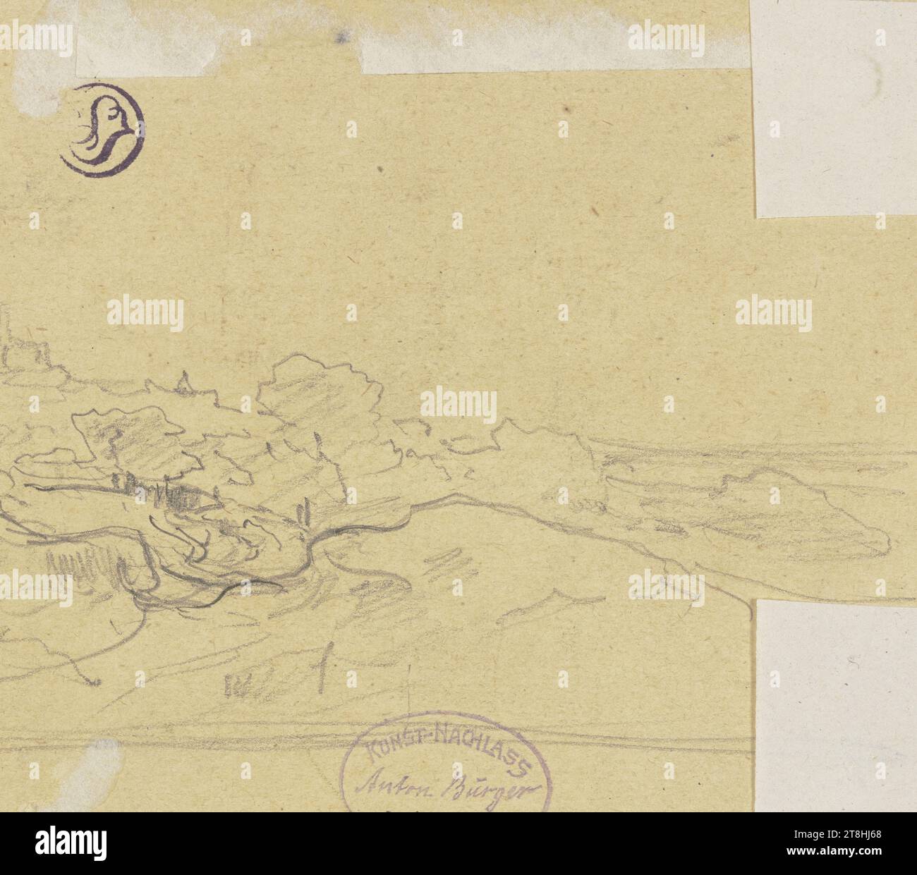 ANTON BURGER, landscape, sheet, 98 x 104 mm, pencil on brownish paper, landscape, ANTON BURGER, staircase porch, 19th CENTURY, DRAWING, pencil on brownish paper, GRAPHITE-CLAY MIXTURE, PAPER, PENCIL DRAWING, GERMAN, LANDSCAPE STUDY, SKETCH, lower center estate stamp Wilhelm Amandus Beer, Frankfurt am Main Stock Photo