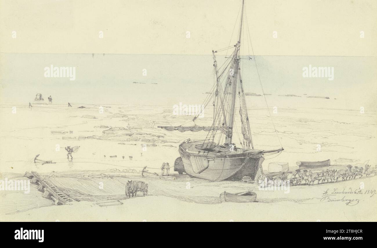 FRITZ BAMBERGER, Beach with a large fishing boat and truck, pulled by four pairs of horses, August 6, 1849, sheet, 128 x 213 mm, pencil, blue watercolor, on vellum paper, Beach with a large fishing boat and truck, pulled by four pairs of horses, FRITZ BAMBERGER, 19TH CENTURY, DRAWING, pencil, blue watercolor, on vellum paper, GRAPHITE-CLAY MIXTURE, WATERCOLOR, VELVET PAPER, PENCIL DRAWING, WATERCOLOR, GERMAN, PICTURE DRAWING, Signed, dated and inscribed lower right, in pencil, St. Leonhards 6' Ouch. 1849. / Bamberger. Stock Photo
