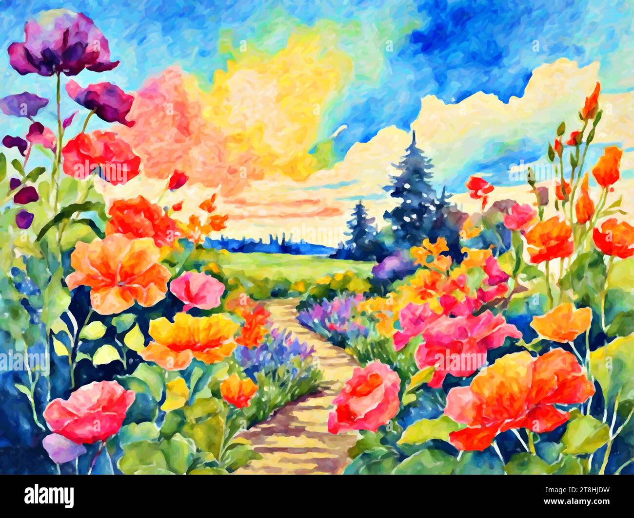 Vibrant Vistas: Spring Garden depicts a colorful and lively garden scene, filled with an array of blooming flowers in various shades and sizes. Stock Vector
