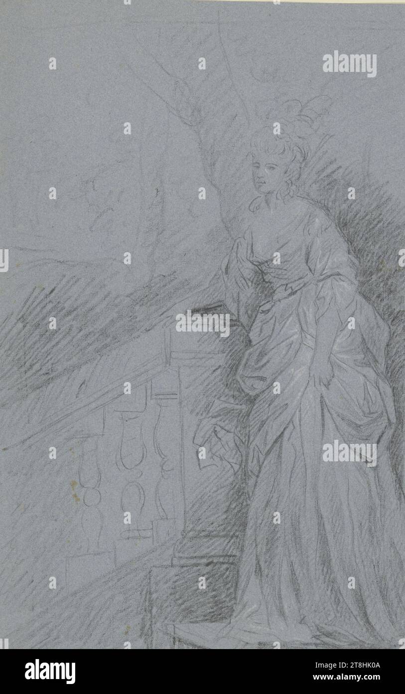 ANGELICA KAUFFMANN, lady in full figure on a staircase, sheet, 349 x 217 mm, black chalk, heightened with white, on blue paper, lady in full figure on a staircase, ANGELICA KAUFFMANN, 19TH CENTURY, DRAWING, black chalk, heightened with white, on blue paper, CHALK, PAPER, CHALK DRAWING, WHITE HIGHLIGHTING, GERMAN, FIGURE STUDY, COSTUME STUDY, DESIGN FOR A PAINTING Stock Photo