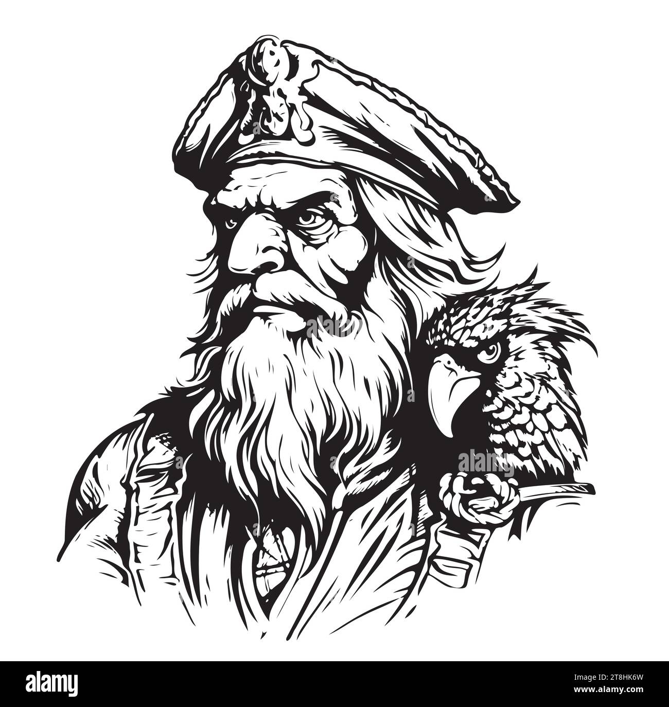 Bearded men with a pirate cap on his head, Hand Drawn Sketch Vector Background. Stock Vector
