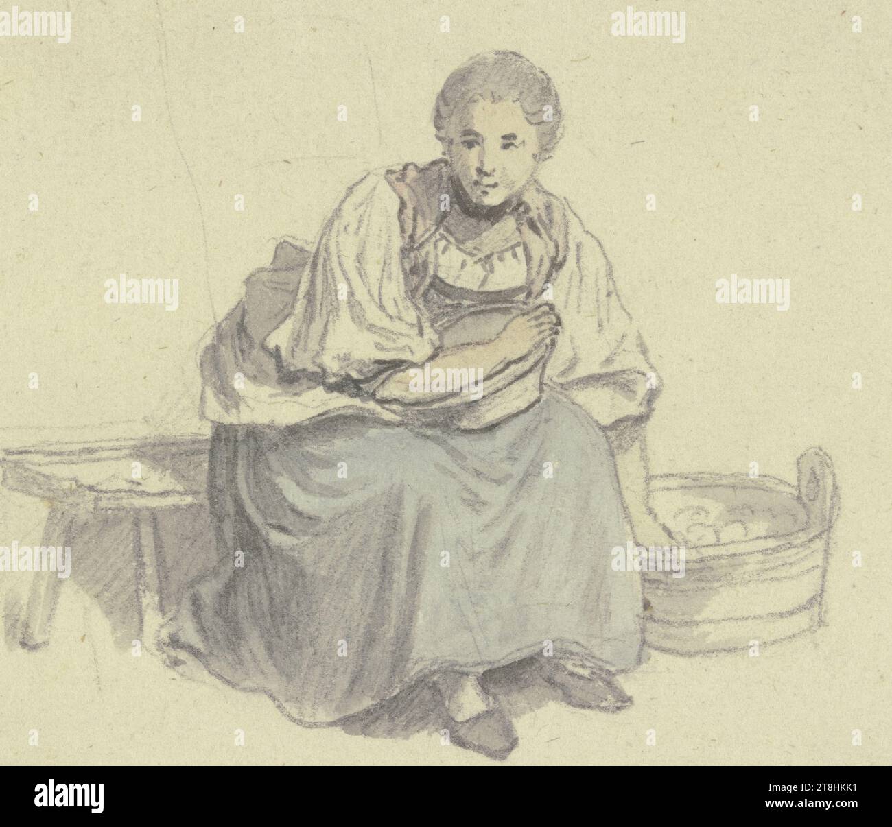 JOHANN LUDWIG ABERLI, Seated woman with wooden laid paper, sheet, 81 x