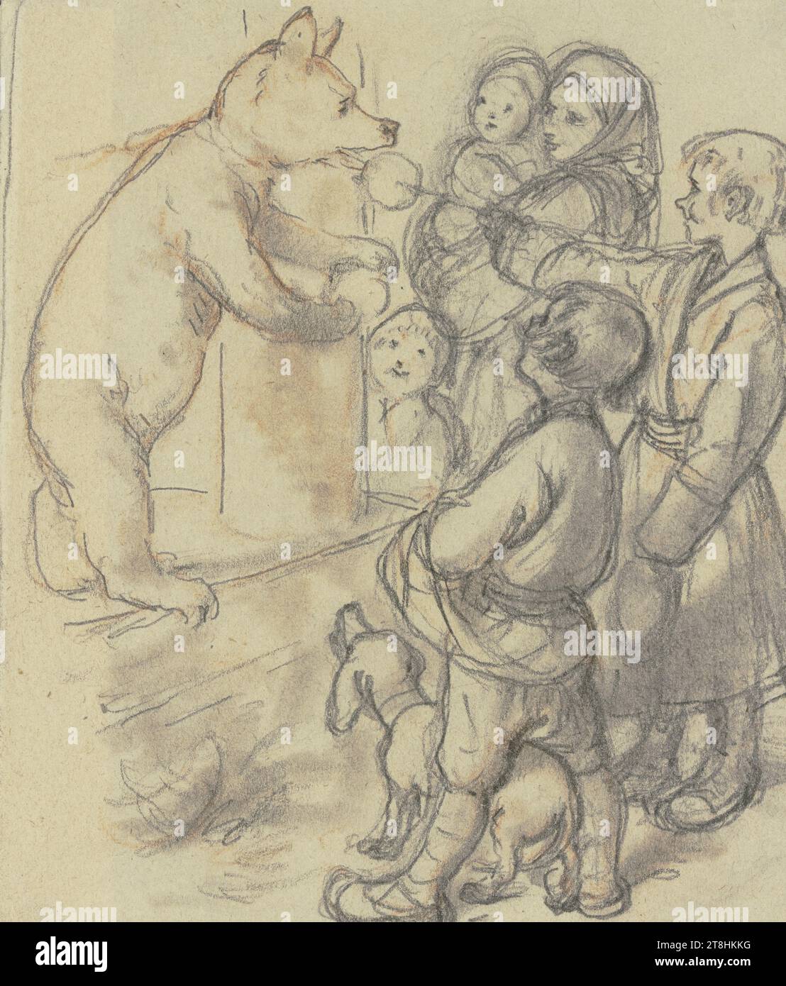 WILHELM AMANDUS BEER, children with a dancing bear, sheet, 104 x 78 mm, pencil and red chalk on paper, children with a dancing bear, WILHELM AMANDUS BEER, 19TH CENTURY, DRAWING, pencil and red chalk on paper, GRAPHITE-CLAY MIXTURE, RED COLOR, PAPER, PENCIL DRAWING, RED CELL DRAWING, GERMAN, FIGURE STUDY, ANIMAL STUDY, COMPOSITION STUDY, verso estate stamp Wilhelm Amandus Beer, Frankfurt am Main, Frankfurt am Main Stock Photo