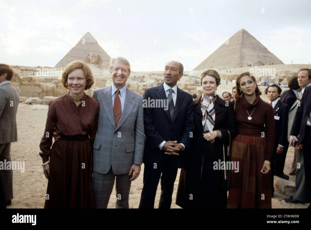 March 19, 1979, Cairo, Egypt; (L-R) ROSALYNN CARTER, US President JIMMY CARTER, JEHAN SADAT, and Egyptian President ANWAR SADAT in front of the pyramids during a visit to Cairo, Egypt. (Credit Image: © Arthur Grace/ZUMA Press Wire) EDITORIAL USAGE ONLY! Not for Commercial USAGE! Stock Photo