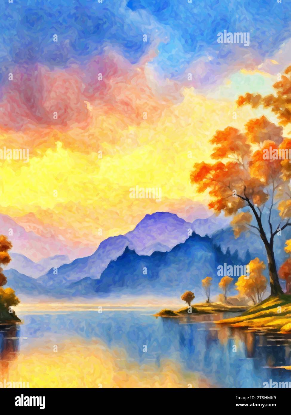 'An artistic masterpiece depicting mountains, rivers, forests, and trees – nature at its finest.' Stock Vector