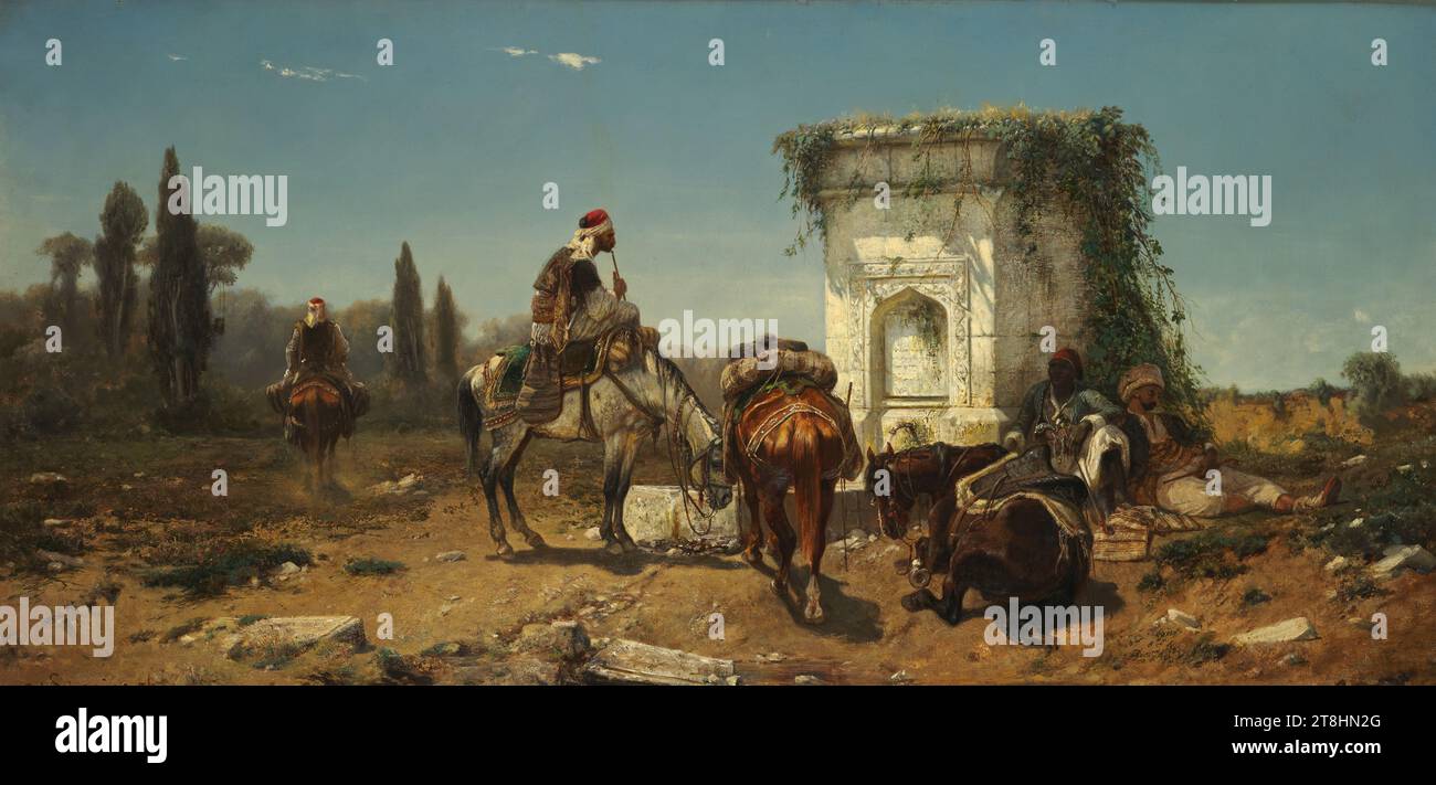 ADOLF SCHREYER, Arabs resting at a marble fountain, 1856, dimensions, 63.5 x 126.8 cm, oil on canvas, Arabs resting at a marble fountain, painter, ADOLF SCHREYER, 19TH CENTURY, ORIENTALISM, PAINTING, oil on canvas, CANVAS, OIL, signed and dated lower left: Ad Schreyer 56 Stock Photo