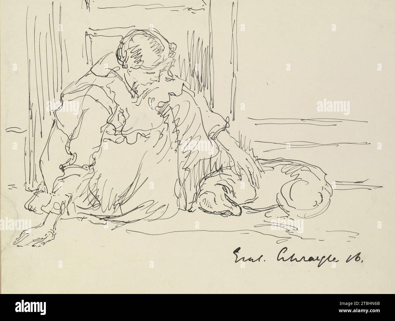GUSTAV SCHRAEGLE, Crouching girl with dog, 1916, sheet, 182 x 234 mm, pen in black on cream-colored paper, Crouching girl with dog, GUSTAV SCHRAEGLE, 20TH CENTURY, DRAWING, pen in black on cream-colored paper, INK?, INK?, PAPER, PEN DRAWING, GERMAN, FIGURE STUDY, Signed and dated lower right, with the pen in black, Gus. Schraegle 16 Stock Photo