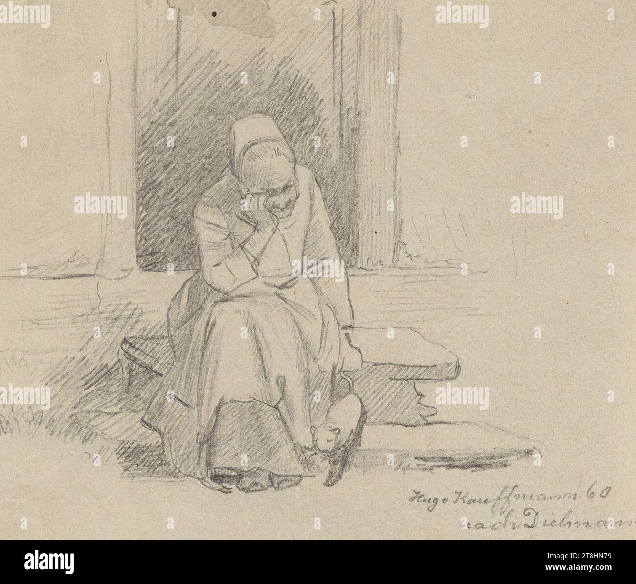 HUGO KAUFFMANN, after JAKOB ZUERCHTEGOTT DIELMANN, Old woman on the house steps, 1860, sheet, 67 x 76 mm, pencil on vellum paper, drawn on rag cardboard, Old woman on the house steps, HUGO KAUFFMANN, inventor, after JAKOBFürCHTEGOTT DIELMANN, 19TH CENTURY, DRAWING, pencil on vellum paper, drawn on rag cardboard, GRAPHITE-CLAY MIXTURE, VELVET PAPER, PENCIL DRAWING, GERMAN, COPY, Signed, dated and inscribed lower right, in pencil, Hugo Kauffmann 60 / after Dielmann Stock Photo