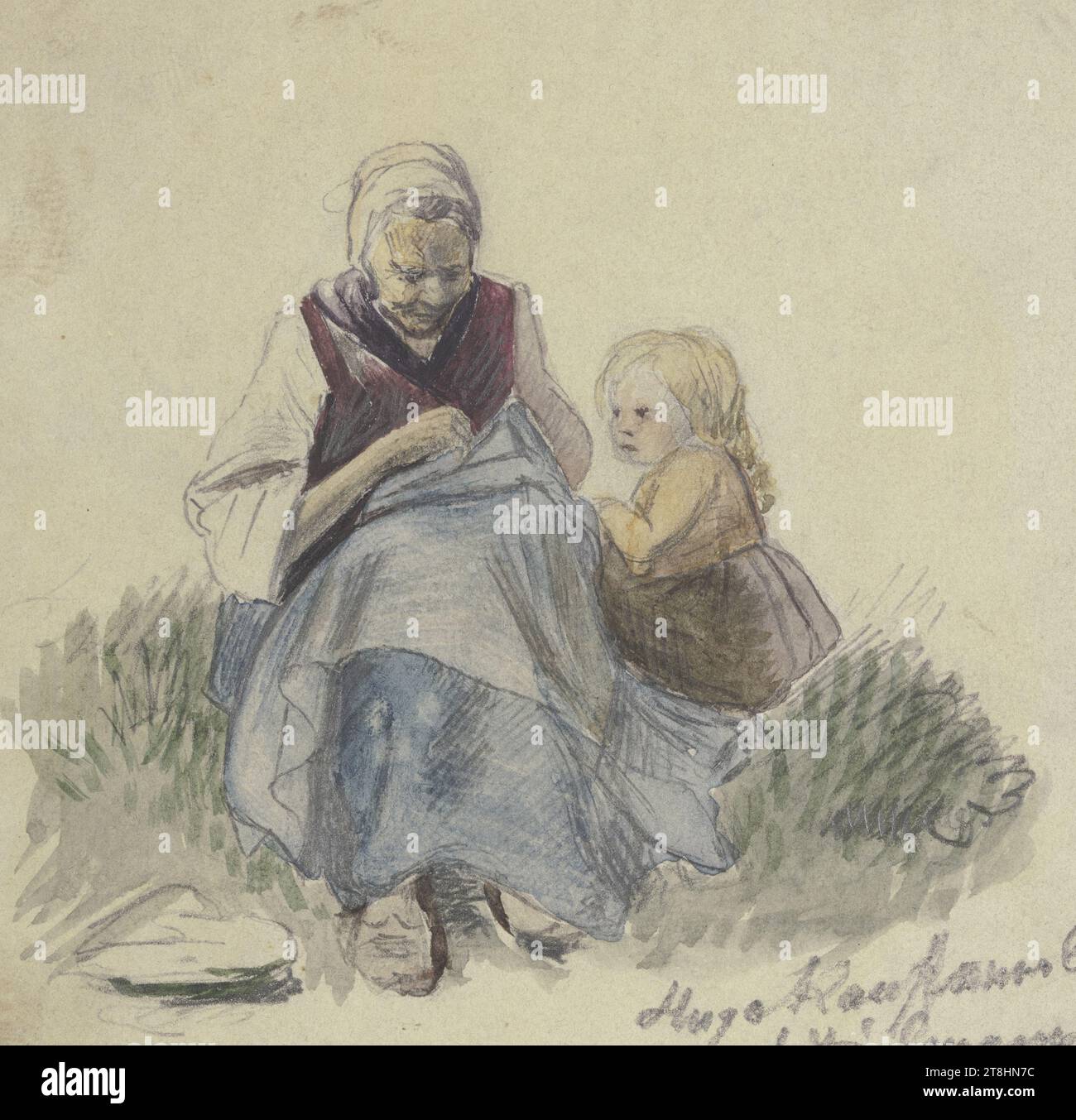 HUGO KAUFFMANN, after JAKOBFürchtegott DIELMANN, grandmother, sewing, and child, 1860, sheet, 74 x 76 mm, pencil and watercolor on vellum paper, drawn on rag cardboard, grandmother, sewing, and child, HUGO KAUFFMANN, inventor, after JAKOBFürchtegott DIELMANN, 19TH CENTURY, DRAWING, pencil and watercolor on vellum paper, drawn on ragboard, GRAPHITE-CLAY MIXTURE, WATERCOLOR, VELVET PAPER, PENCIL DRAWING, WATERCOLOR, BRUSH DRAWING, GERMAN, COPY, Signed, dated and inscribed lower right, in pencil, Hugo Kauffmann 60 / according to Dielmann Stock Photo