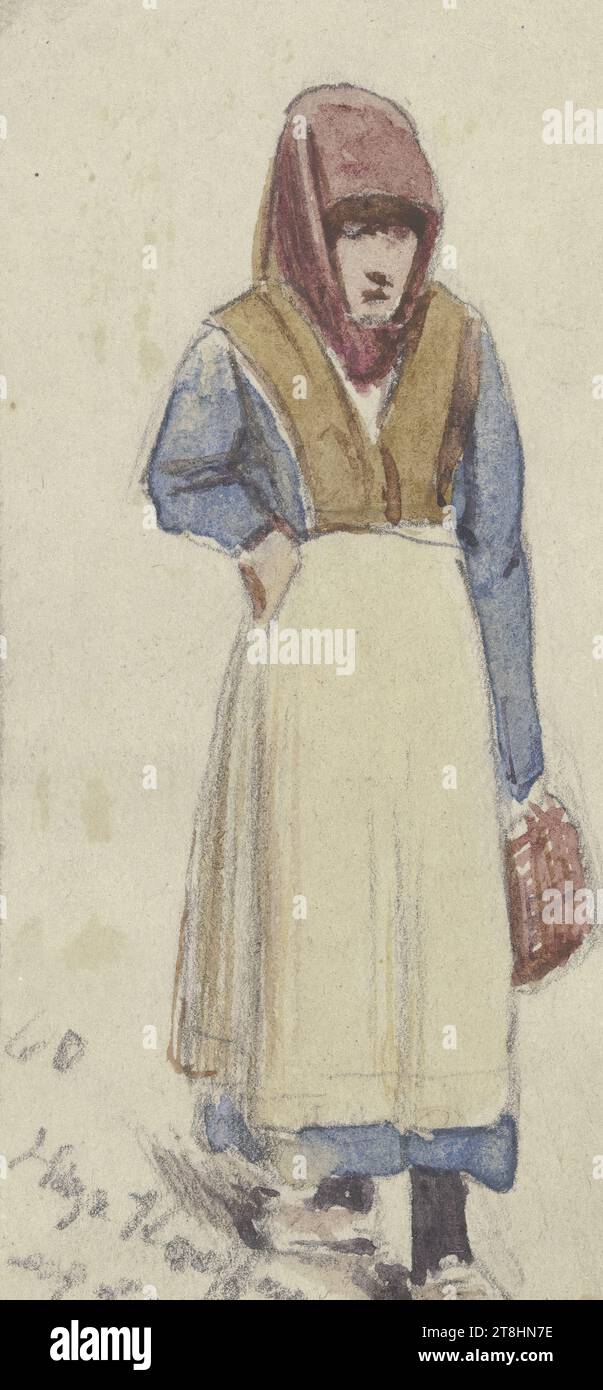 HUGO KAUFFMANN, after JAKOB ZUERCHTEGOTT DIELMANN, walking woman, 1860, sheet, max. 58 x max. 31 mm, pencil and watercolor on thin vellum paper, drawn on rag cardboard, walking woman, HUGO KAUFFMANN, inventor, after JAKOB FürCHTEGOTT DIELMANN, 19TH CENTURY, DRAWING, pencil and watercolor on thin vellum paper, drawn on ragboard, GRAPHITE-CLAY MIXTURE, WATERCOLOR, VELIN PAPER, PENCIL DRAWING, WATERCOLOR, BRUSH DRAWING, GERMAN, COPY, Signed, dated and inscribed lower left, in pencil, 60 / Hugo Kauffmann / according to Dielmann Stock Photo