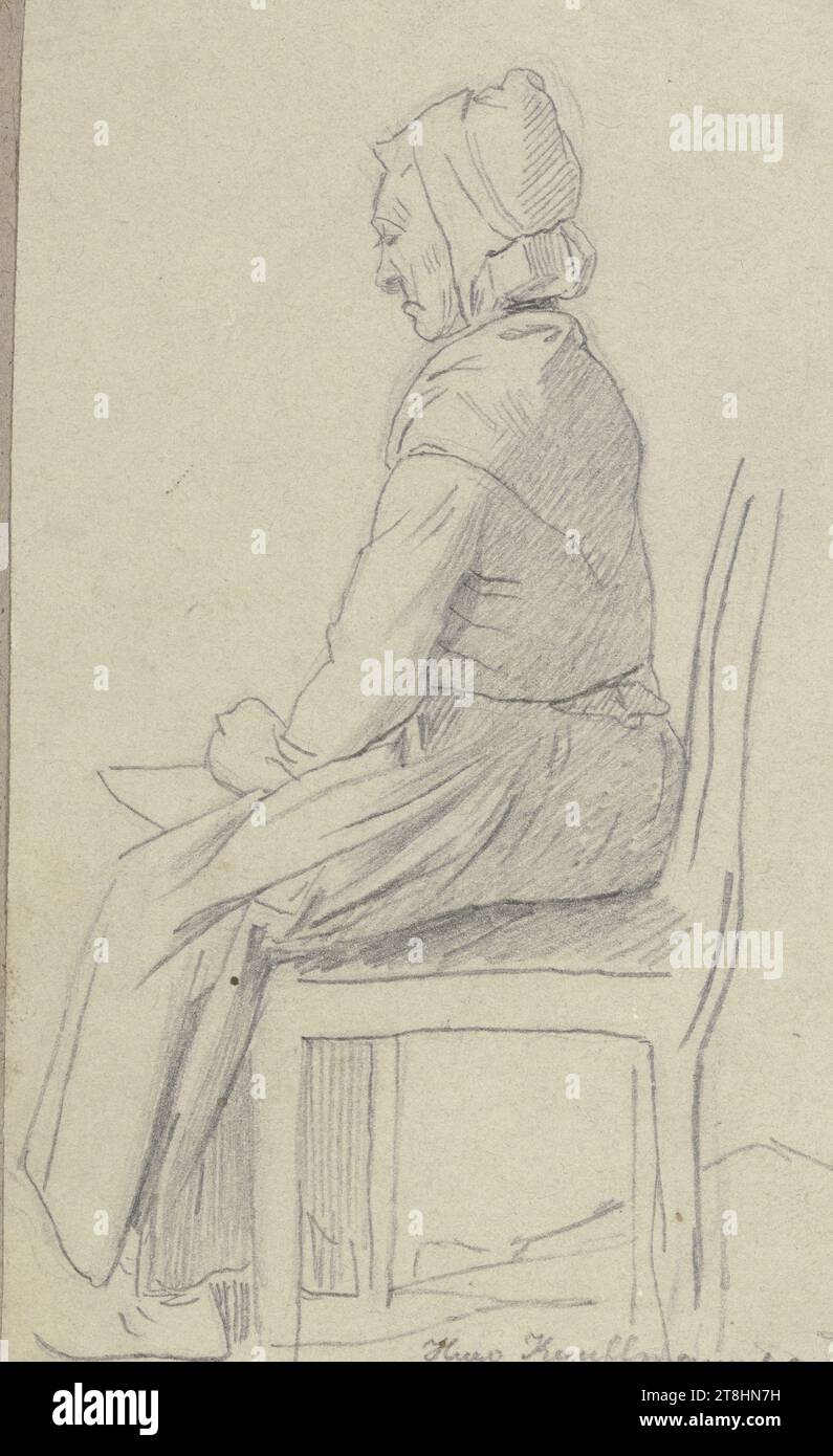 HUGO KAUFFMANN, after JAKOB ZUERCHTEGOTT DIELMANN, seated old woman, 1860, sheet, 89 x 52 mm, pencil on vellum paper, drawn on rag cardboard, seated old woman, HUGO KAUFFMANN, inventor, after JAKOB ZUERCHTEGOTT DIELMANN, 19TH CENTURY, DRAWING, pencil on Vellum paper, drawn on rag cardboard, GRAPHITE-CLAY MIXTURE, VELVET PAPER, PENCIL DRAWING, GERMAN, COPY, Signed, dated and inscribed lower right, in pencil, Hugo Kauffmann 60 / after Dielmann Stock Photo